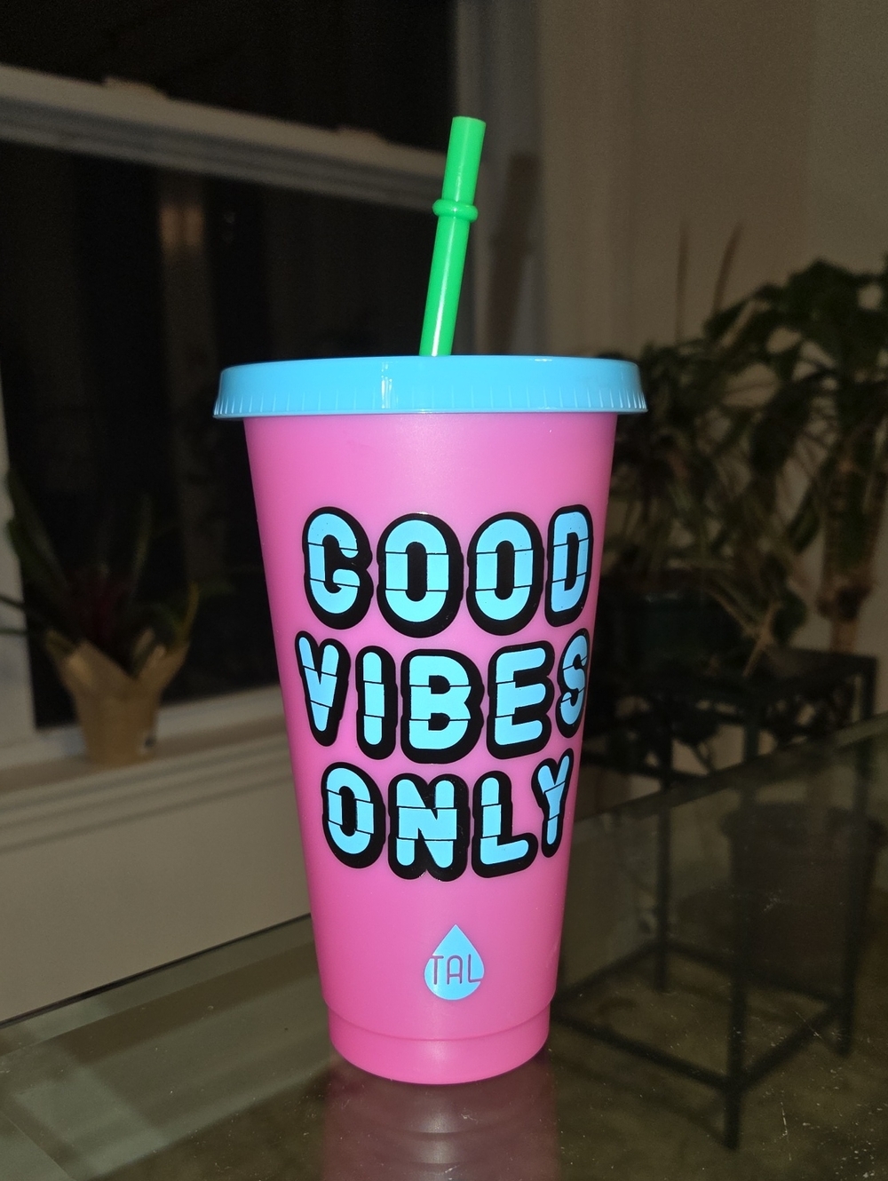 Pink "Good Vibes Only" Reusable Party Cup with Blue Lid